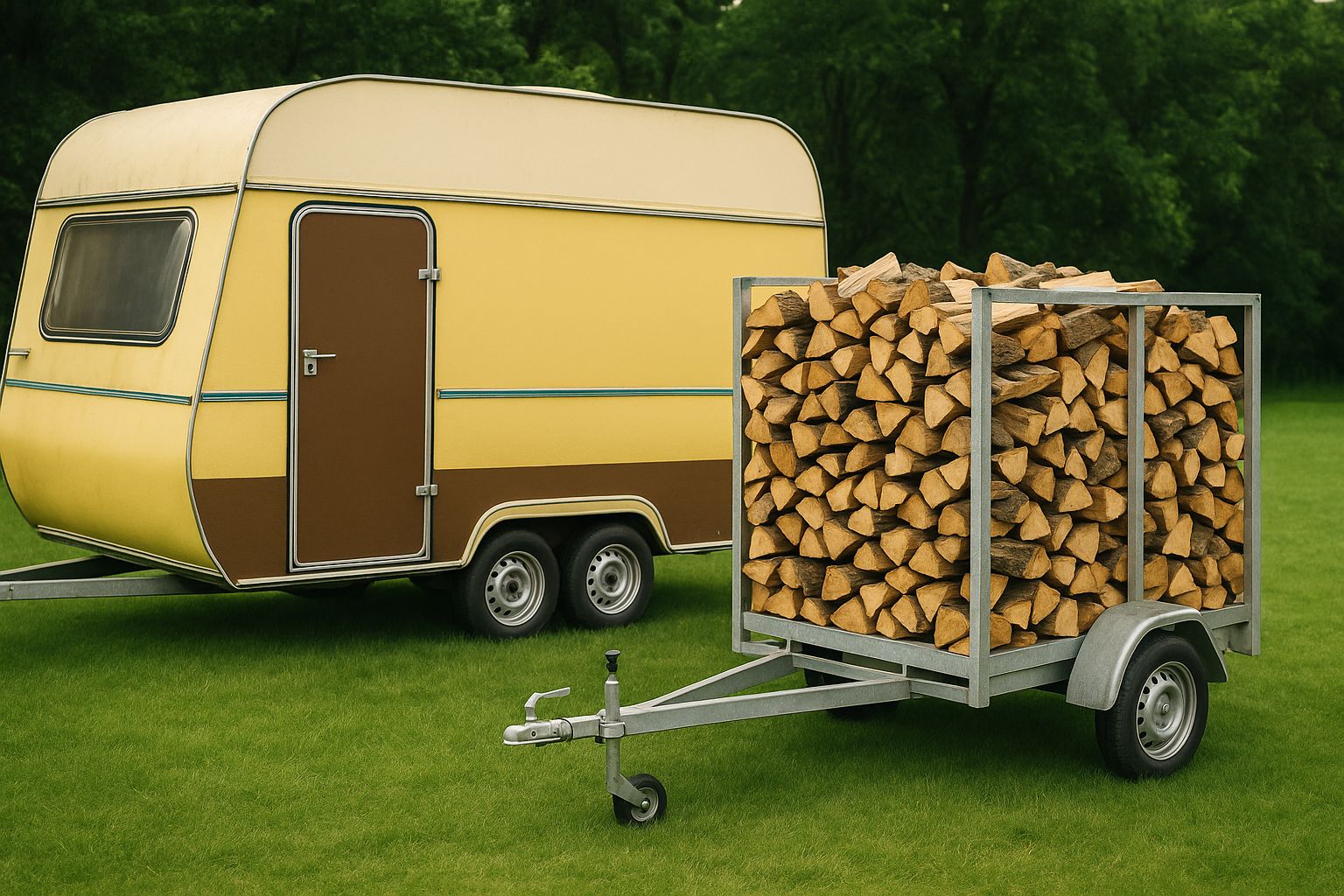 Vaaleaan asuntovaunuun kiinnitetty liikuteltava puuteline puupilkkeineen luonnossa.